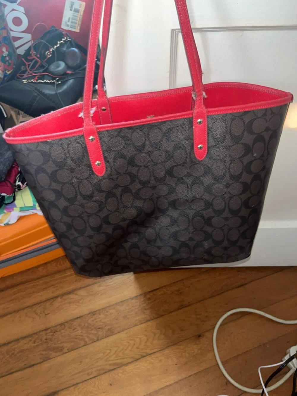 Coach Red Saffiano Leather Tote with Gold Logo Hardware & RED REVERSIBLE!!! - Picture 4 of 7
